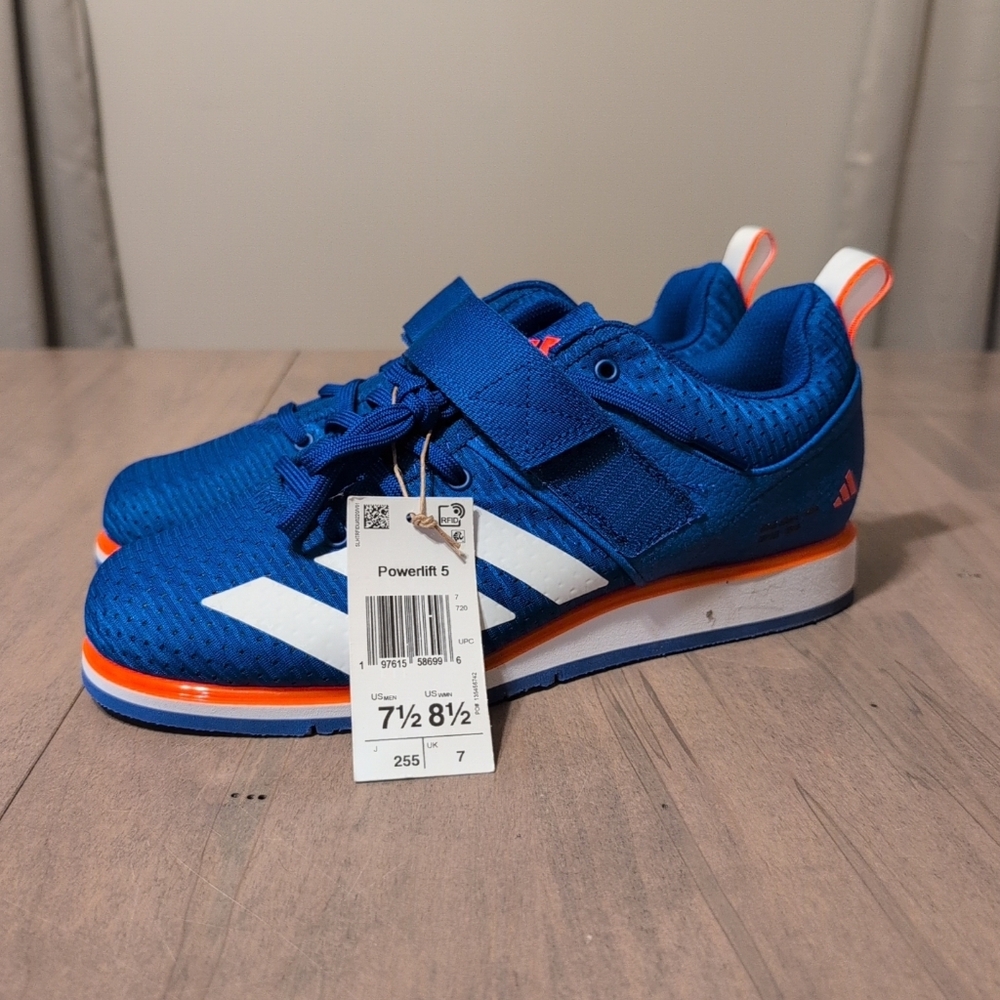 NWT! Adidas Powerlift 5 Lucid Blue White Impact Orange IH8237 Men 7.5/Women 8.5